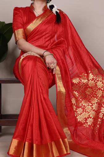 red onam special kerala style raw art silk zari weaving saree with unstitched blouse