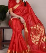 red onam special kerala style raw art silk zari weaving saree with unstitched blouse