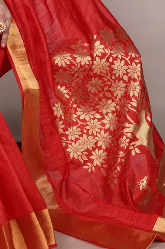 red onam special kerala style raw art silk blend zari weaving saree with unstitched blouse