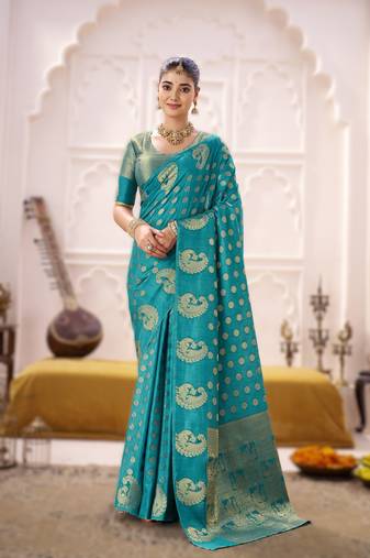 firozi elegant roop art silk zari weaving saree with lace touch blouse