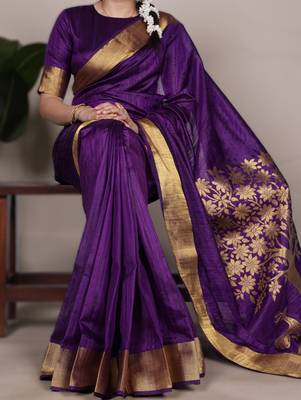 purple onam special kerala style raw art silk blend zari weaving saree with unstitched blouse 1
