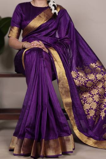 purple onam special kerala style raw art silk zari weaving saree with unstitched blouse