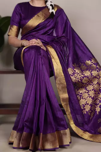 purple onam special kerala style raw art silk zari weaving saree with unstitched blouse