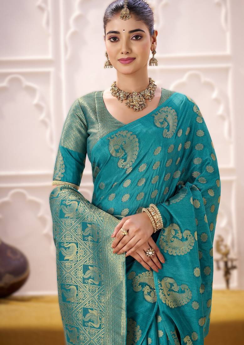 firozi elegant roop art silk zari weaving saree with lace touch blouse