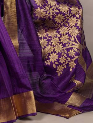 purple onam special kerala style raw art silk blend zari weaving saree with unstitched blouse 2