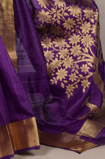 purple onam special kerala style raw art silk blend zari weaving saree with unstitched blouse