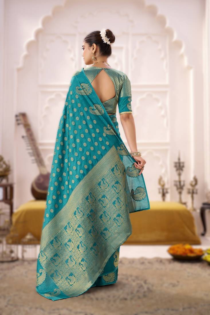 firozi elegant roop art silk zari weaving saree with lace touch blouse