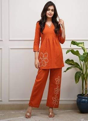 Orange Floral embroidered v neck  cotton co-ord set 1