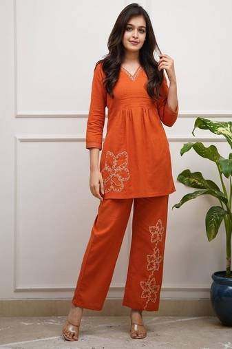 Orange Floral embroidered v neck pure cotton co-ord set