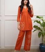 Orange Floral embroidered v neck pure cotton co-ord set