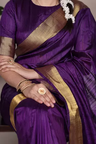 purple onam special kerala style raw art silk blend zari weaving saree with unstitched blouse
