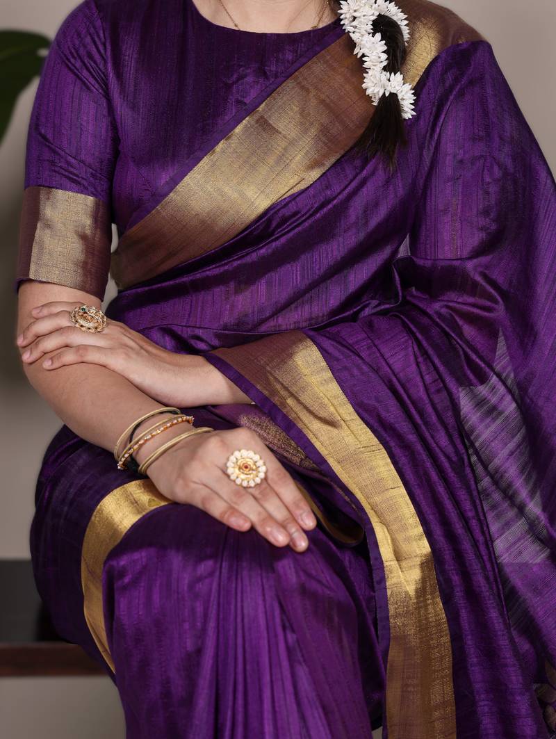 purple onam special kerala style raw art silk zari weaving saree with unstitched blouse