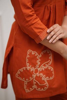 Orange Floral embroidered v neck  cotton co-ord set 3