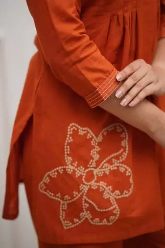 Orange Floral embroidered v neck  cotton co-ord set