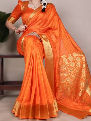 onrange onam special kerala style raw art silk blend zari weaving saree with unstitched blouse 1