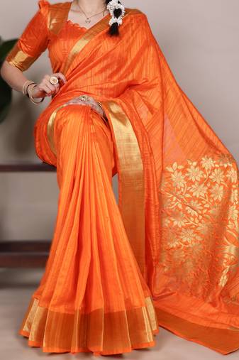 onrange onam special kerala style raw art silk zari weaving saree with unstitched blouse