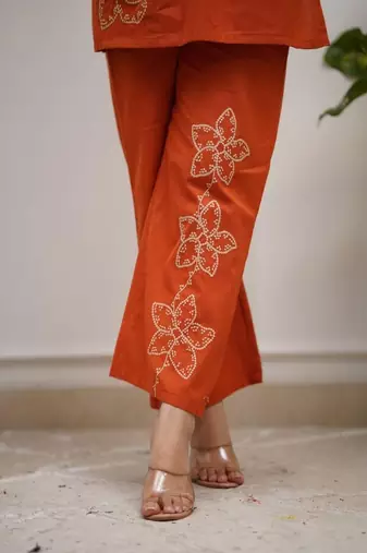 Orange Floral embroidered v neck  cotton co-ord set