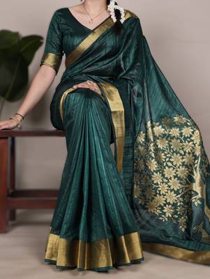 green onam special kerala style raw art silk blend zari weaving saree with unstitched blouse 1
