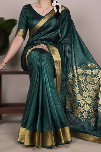 green onam special kerala style raw art silk zari weaving saree with unstitched blouse