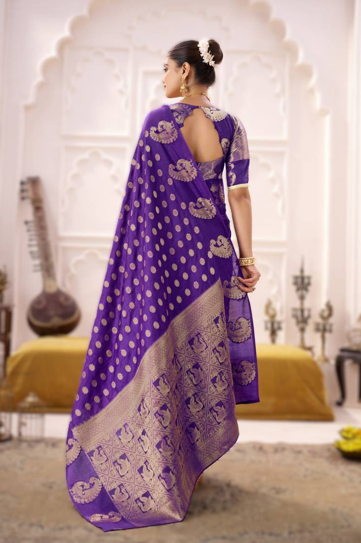 purple elegant roop art silk zari weaving saree with lace touch blouse