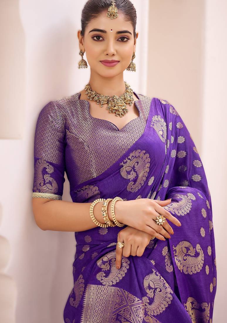 purple elegant roop art silk zari weaving saree with lace touch blouse