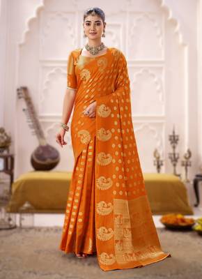 onrange elegant roop art silk blend zari weaving saree with lace touch blouse 1