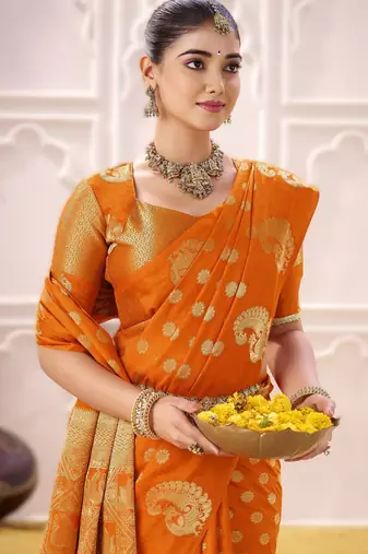 onrange elegant roop art silk blend zari weaving saree with lace touch blouse