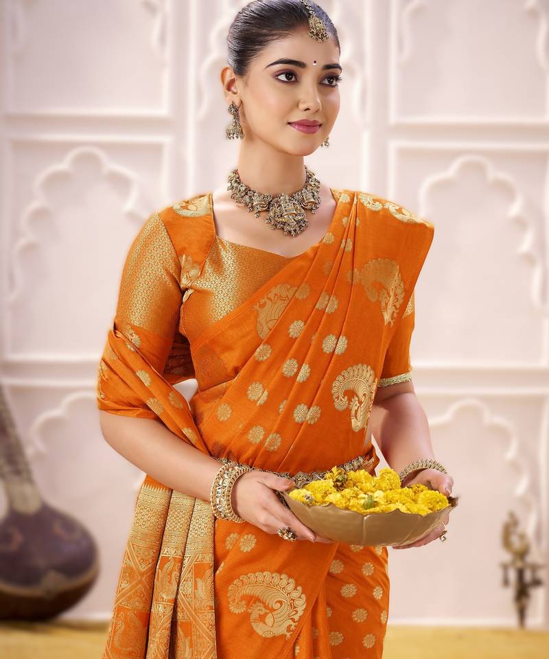 onrange elegant roop art silk zari weaving saree with lace touch blouse