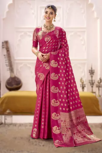 pink elegant roop art silk zari weaving saree with lace touch blouse