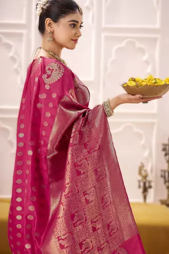 pink elegant roop art silk blend zari weaving saree with lace touch blouse