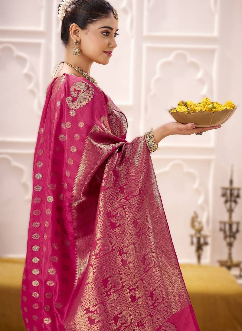 pink elegant roop art silk zari weaving saree with lace touch blouse