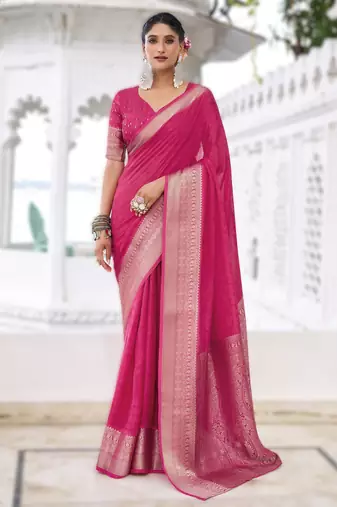 stylish chinon self printed saree with zari weaving work