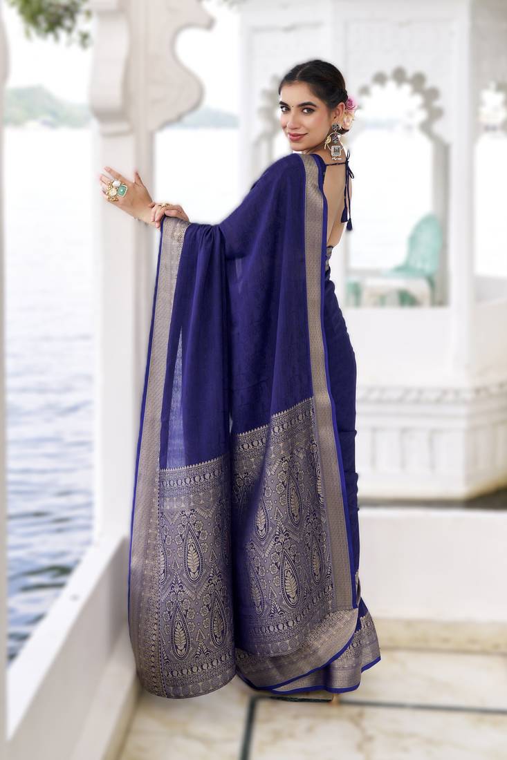 stylish chinon self printed saree with zari weaving work