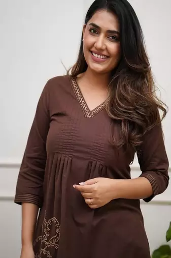 Brown Floral embroidered v_neck  cotton co-ord set