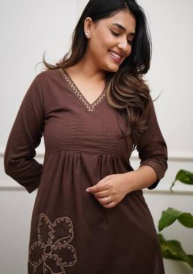 Brown Floral embroidered v_neck  cotton co-ord set 3
