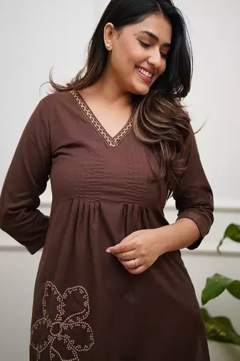 Brown Floral embroidered v_neck  cotton co-ord set