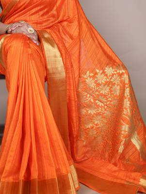 onrange onam special kerala style raw art silk blend zari weaving saree with unstitched blouse 3