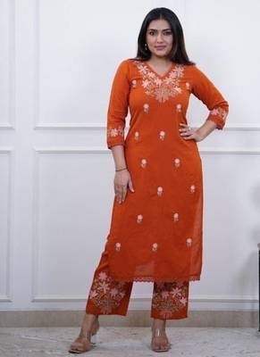orange embroidered cotton kurta and pant 1