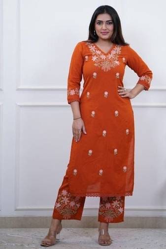 orange embroidered cotton kurta and pant