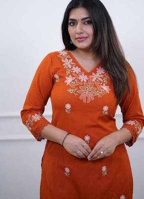 orange embroidered cotton kurta and pant 2