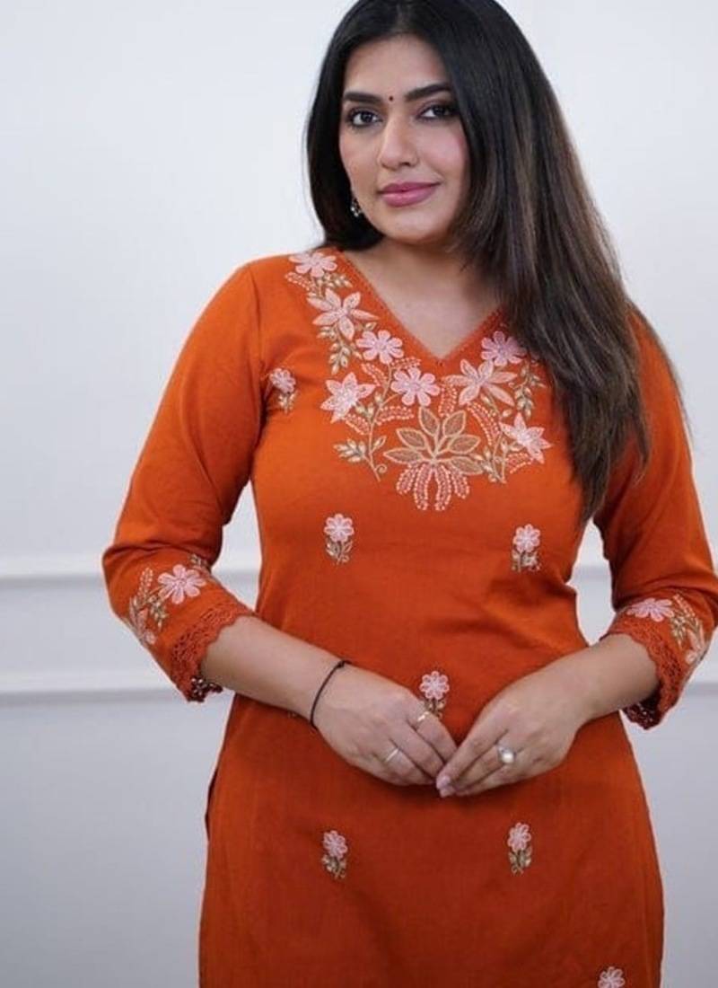 orange embroidered cotton kurta and pant