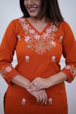 orange embroidered cotton kurta and pant 3