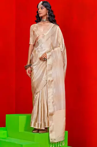 Cream Banarasi Tissue Silk Saree with Viscose Zari Weave Saree With Blouse For Women