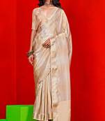 Cream Banarasi Tissue Silk Saree with Viscose Zari Weave Saree With Blouse For Women