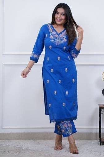 blue embroidered cotton kurta and pant