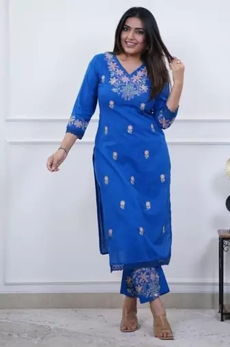 blue embroidered cotton kurta and pant