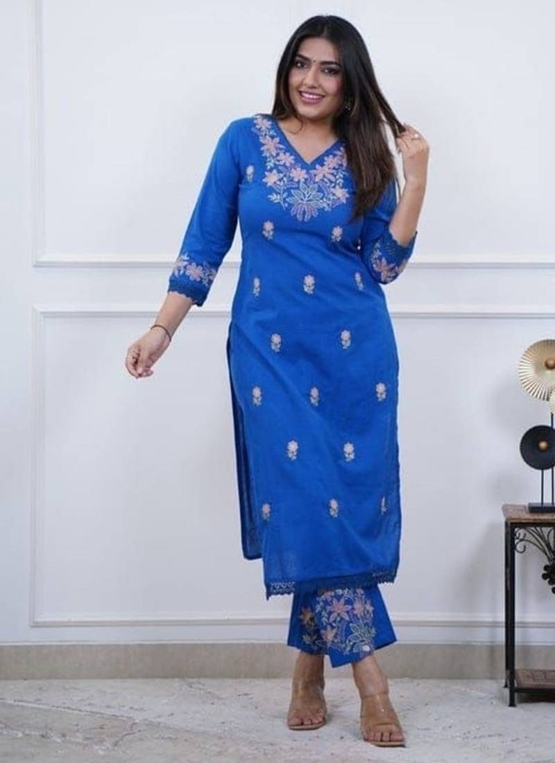blue embroidered cotton kurta and pant