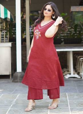 red embroidered cotton kurta and pant 1