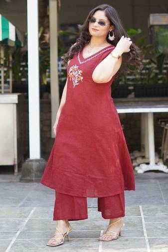 red embroidered cotton kurta and pant