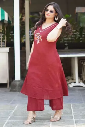 red embroidered cotton kurta and pant